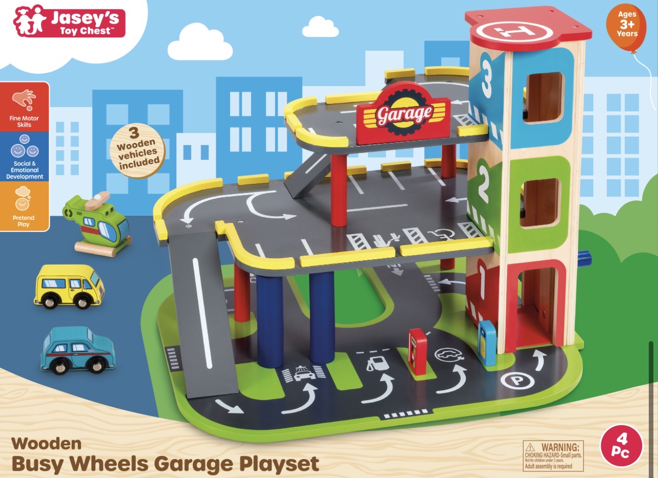 Wooden Busy Wheels Garage Playset