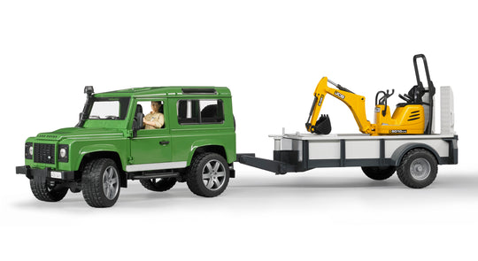 Land Rover Defender with trailer, JCB Micro Exc. and worker