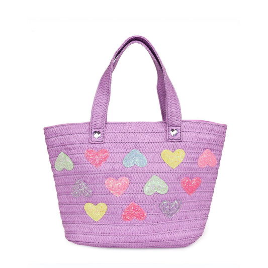 Glitter Heart Patch Straw Bag
