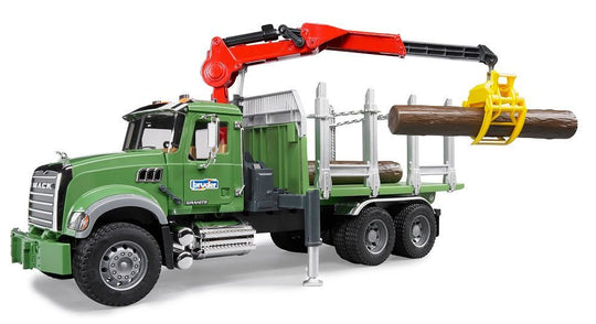 MACK Granite timber truck with loading crane and 3 trunks